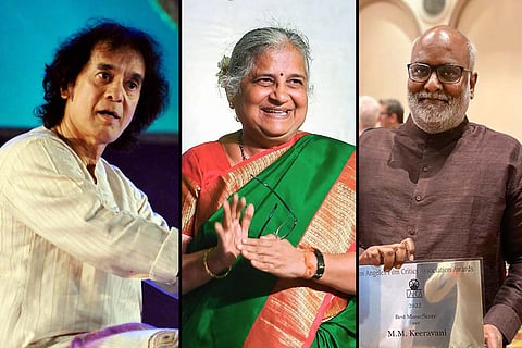 A collage of Zakir Hussain, Sudha Murthy and MM Keeravani