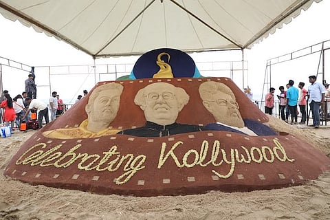 Popular artist Sudarsan Pattnaik creates sand sculptures of Kollywood stars