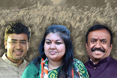 MP Tejasvi Suryva, Congress candidate Sowmya Reddy and BJP candidate CK Ramamurthy