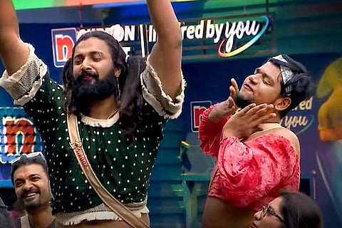 Bigg Boss Tamil 5 contestants Niroop and Abhishek Raja Cinema Payaan in transphobic attire