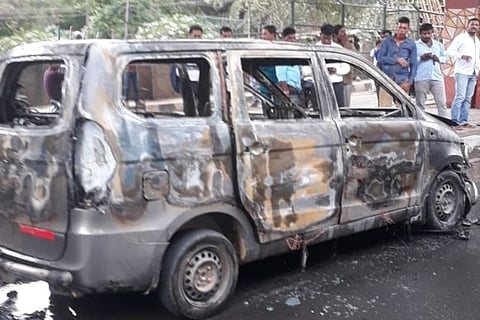 Narrow escape for 6 persons after car catches fire on Bengaluru’s Outer Ring Road