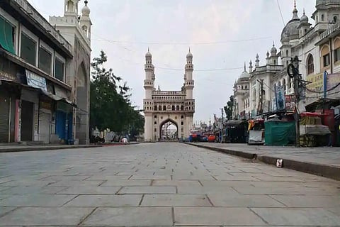 Empty streets leading up to the Charminar in Hyderabad