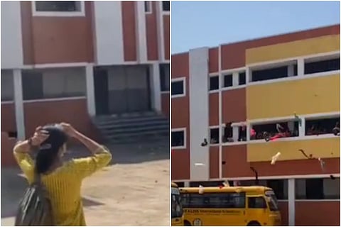 Tribal school girls in Tami Nadu flinging dupattas in the air to welcome writer Geeta Ilangovan