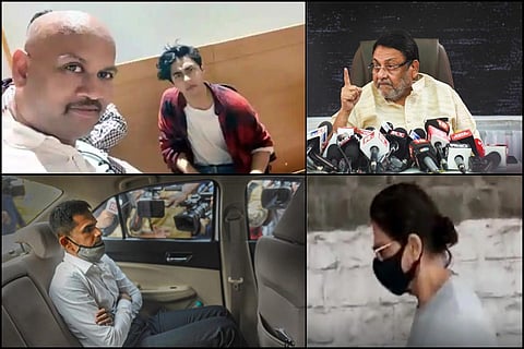 Collage of photos of Manish Bhanushali and Aryan Khan; Nawab Malik; Shah Rukh Khan; and Sameer Wankhede.