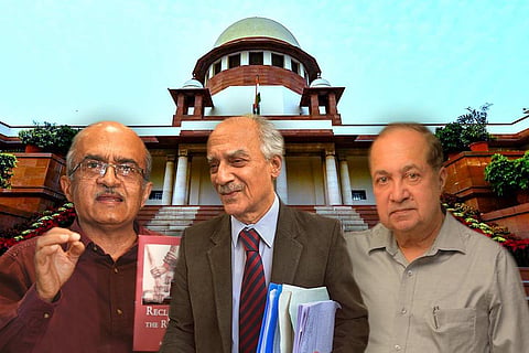 A collage of Prashant Bhushan, Arun Shourie and N Ram
