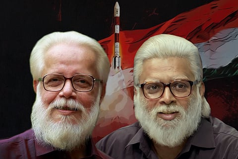 A collage of nambi narayanan and actor madhavan dressed up as nambi narayanan, against the backdrop of a rocket launch
