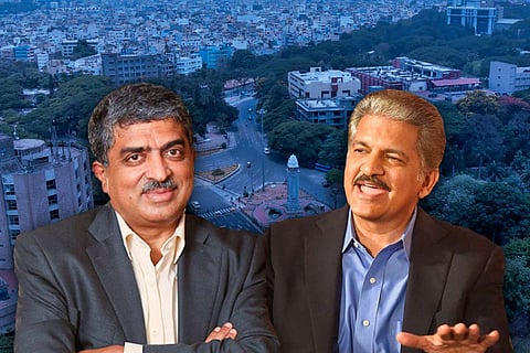 Collage of Anand Mahindra and Nandan Nilekani with the city of Bengaluru in the background