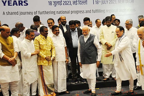 PM Modi and other leaders at the NDA meet