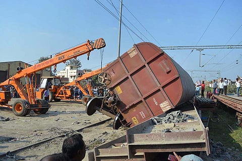 File image of a crane pulling up coach of a goods train that derailed in Motihari on November 27, 2018