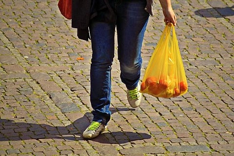 Woman carrying vegetables in a single-use plastic bag. 