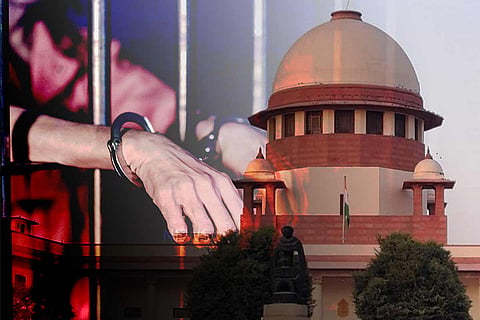 Supreme Court building juxtaposed with a jail cell