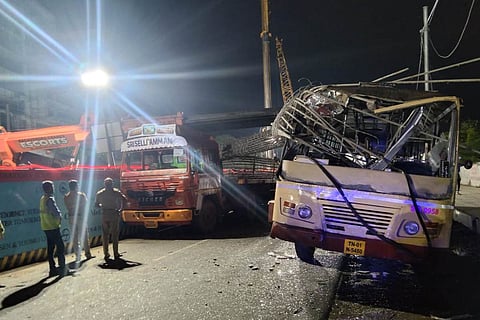The MTC bus that was damaged after the iron rods fell on it