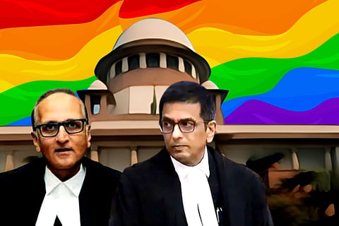 Justice S Ravindra Bhat and CJI DY Chandrachud against the backdrop of SC and rainbow colors