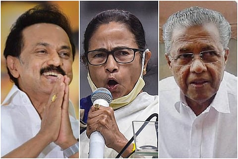 A collage of Chief Ministers MK Stalin, Mamata Bannerjee and Pinarayi Vijayan.