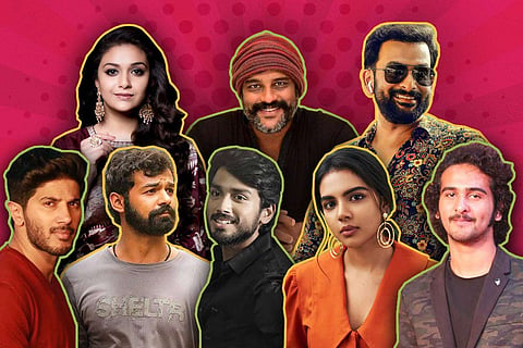 Collage of Keerthy Suresh, Murali Gopy, Prithviraj, Kalyani Priyadarshini, Dulquer Salmaan, Pranav Mohanlal, Kalidas Jayaram, Shane Nigam