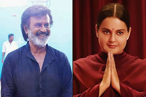 Superstar Rajinikanth on the left and an image of actor Kangana Ranaut from upcoming movie Thalaivi on the right. 