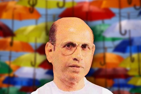 Stylised image of Popy Umbrella Mart founder Scaria with umbrellas in the background 