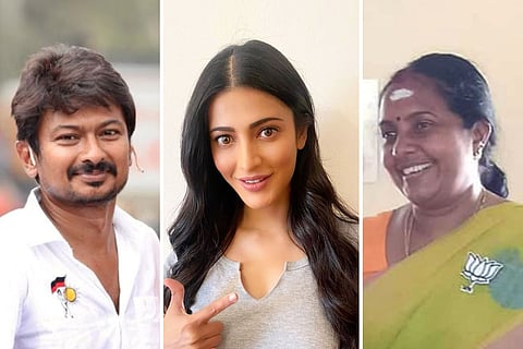 Collage of Udhayanidhi Stalin, Shruti Haasan and Vanathi Srinivasan