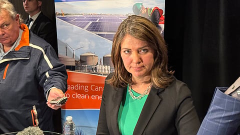 Premier Danielle Smith takes reporters’ questions in Calgary on Thursday.