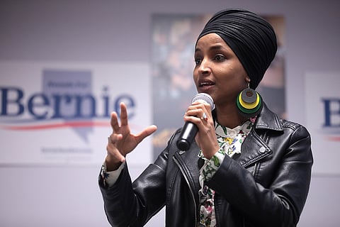 	
US Rep. Ilhan Omar speaking with supporters of Sen. Bernie Sanders at a town hall hosted by Frontline Communities of Nevada at the SEIU Nevada office in Las Vegas. 