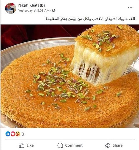 Khafeh, a dessert said to be handed out by terrorist groups  after brutal attacks. The picture was posted by the editor of an Arabic-language newspaper, following the October 7 attacks in Israel.