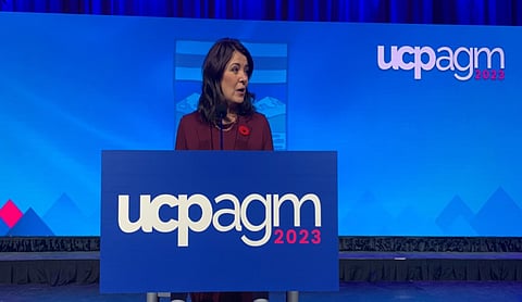 Danielle Smith at last year's mammoth UCP AGM. 