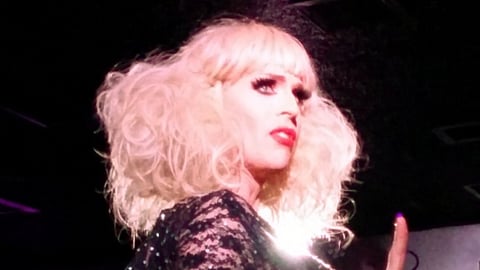 Katya performing a medley of "Smell Yo Dick" by Riskay and "No Scrubs" by TLC at the Cafe in San Francisco. 