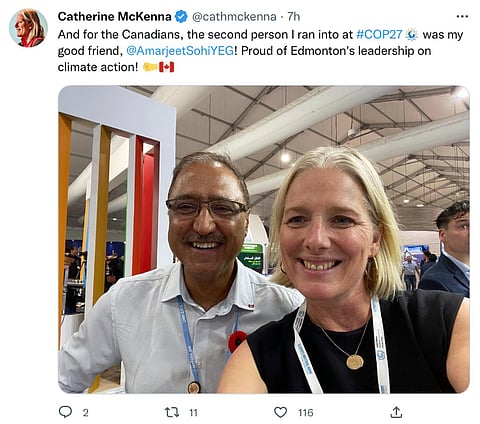 Former-Environment Minister Catherine McKenna announces her presence at last year's COP27 meeting in Sharm el-Sheik, along with Edmonton mayor and former Liberal MP, Amarjeet Sohi.