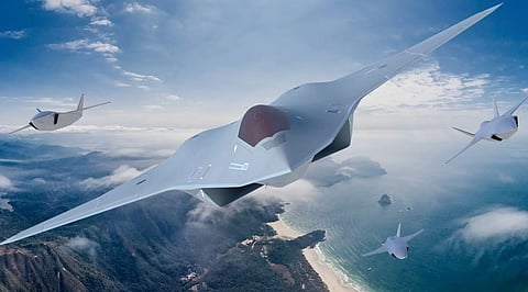A rendering of a sixth-generation crewed combat jet flying together with a trio of advanced drones. 