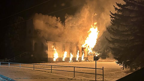 The destruction of a church in Beiseker, Alberta, last December. Dozens of Canadian churches have been intentionally torched in the last two and a half years. The prime minister admits it's arson but thinks it's 'understandable.'