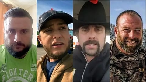 From left to right: Chris Carbert, Anthony Olienick, Jerry Morin, and Christopher Lysak, are each accused of conspiring to murder RCMP officers near Coutts, AB, during the border blockade and protests.