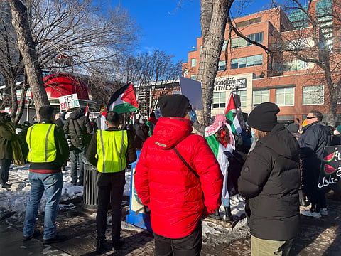 About 300 people gathered for a protest for a ceasefire in the Israel-Palestine War in Calgary. 