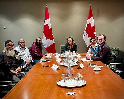 Chrystia Freeland spent some time listening to Muslim community leaders from the Toronto Islamic Centre on Monday. 