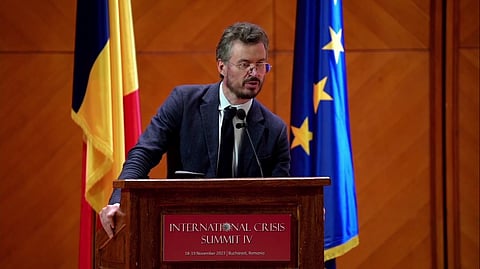 University of Ghent psychology professor Mattias Desmet speaks at the International Crisis Summit IV at the parliamentary palace in Bucharest, Romania