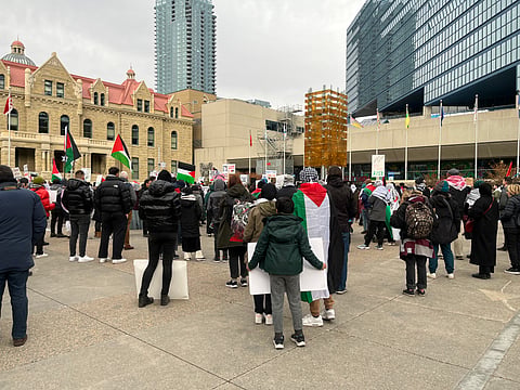 Around 400 people attended a protest for a ceasefire in the Israel-Palestine War in Calgary. 