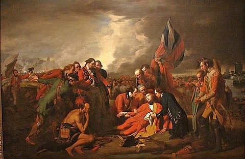 The Death of General Wolfe, by Benjamin West", 1776. Oddly, the end of the Bourbon monarchy in Quebec led to expanded human rights for French Canadians.