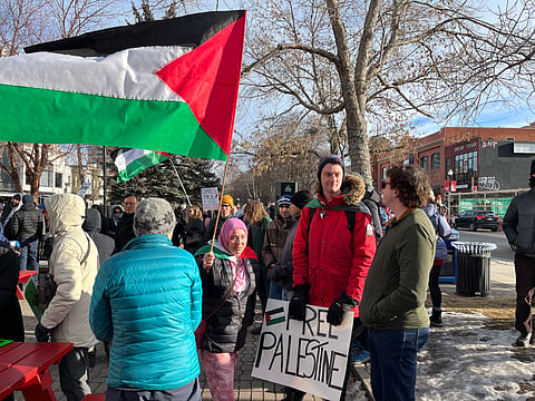 Around 250 people attended a rally to offer support for Palestine in Calgary. 