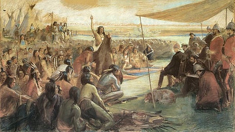 Siksika Blackfoot Chief Crowfoot speaking at a meeting with the Marquis of Lorne, at Blackfoot Crossing. 