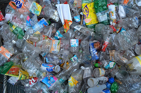 A bundle of different plastic bottles gathered for recycling seen at Centro de Educacion Ambiental Acuexcomatl in Mexico City. 