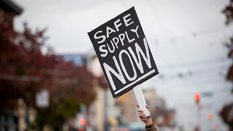 A person pictured during a rally in support of the Drug User Liberation Front in Vancouver on Nov. 3, 2023. 