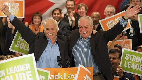 Jack Layton and Ed Broadbent at an NDP rally in Toronto in 2008