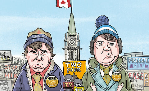 Bob and Doug MacKenzie are protesting beer taxes, Canadian style.