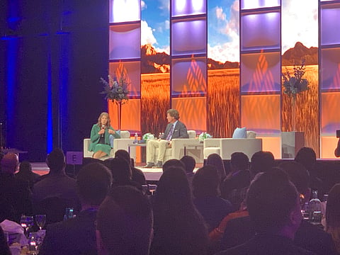 Premier Danielle Smith with Tucker Carlson in Calgary Wednesday.