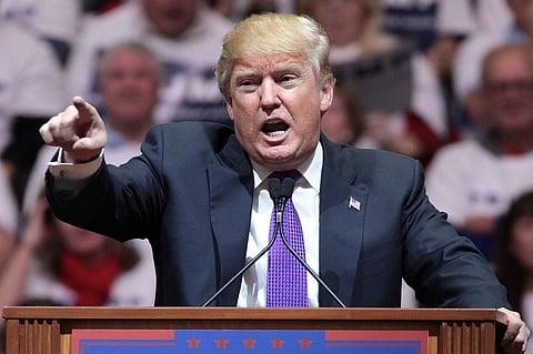 Donald Trump speaking with supporters at a campaign rally at the South Point Arena in Las Vegas. 