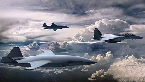 Artist's rendition of a manned fighter with two Collaborative Combat Aircraft