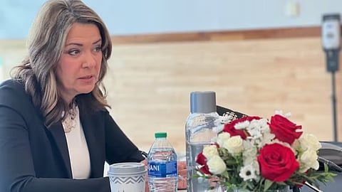 Premier Danielle Smith gives a press conference at the Canadian Embassy in Washington on Thursday.