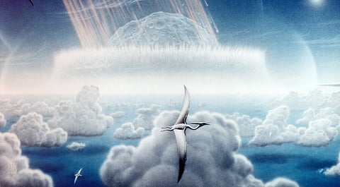 The idea that humanity's effect upon the planet is so profound that the geological record should be expanded to include a new epoch — the Anthropocene — has found favour with a few progressive scientists. Not so fast, says Calgary geologist John Weissenberger. If an event the size of the Chicxulub asteroid impact is now represented by 2 cm in the stratigraphic record, there will be very little left of us. Here, a NASA illustrator imagines the moment of impact near the Yucatan Peninsula, 
66 million years ago. It is believed to have caused the mass extinction of non-avian dinosaurs and many other species on Earth.The impact spewed hundreds of billions of tons of sulphur into the atmosphere, producing a worldwide blackout and freezing temperatures which persisted for at least a decade
