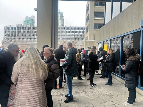 A few thousand people gathered at the Calgary Municipal Building to put their names on the petitions to have Mayor Jyoti Gondek recalled. 
