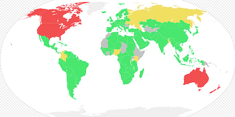 How the UN vote on UNDRIP split... the rest of the world against the Anglosphere... Red were against, green were in favour and yellow abstained. (Grey not present for vote.)