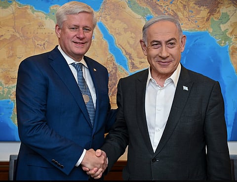 Adults in the room... Harper and Israeli PM Benjamin Netyanyahu during former prime minister Stephen Harper's Israel this week's stopover, a few days before former Harper joined Saskatchewan PM Scott Moe in New Delhi, to talk trade 